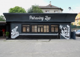 Maľba v retro štýle na fasáde stánku potravín Zap, Bratislava 2018